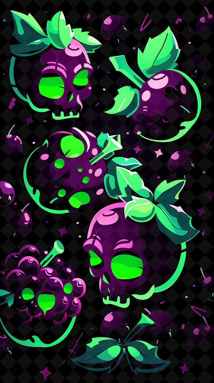 PSD toksyczna jagoda 8-bitowy piksel z czaszkami i skrzyżowanymi kośćmi z y2k shape neon color art collections