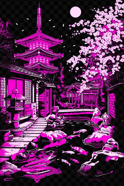 PSD tokyo with zen street scene and temple rock garden koi pond psd vector tshirt tattoo ink scape art