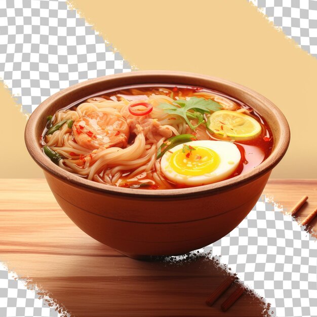 PSD tom yum flavored pork noodles with a cup of condensed water egg on a wooden table