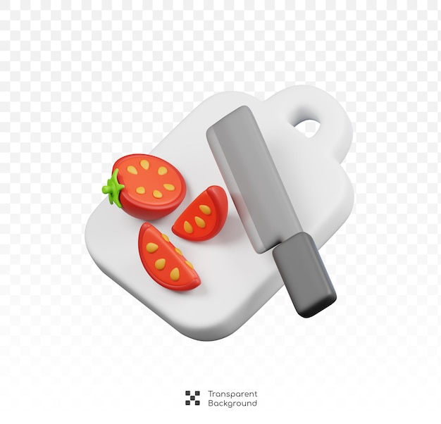 PSD tomaten hakken op snijplank keukengerei en koken icoon op doorzichtige achtergrond 3d render