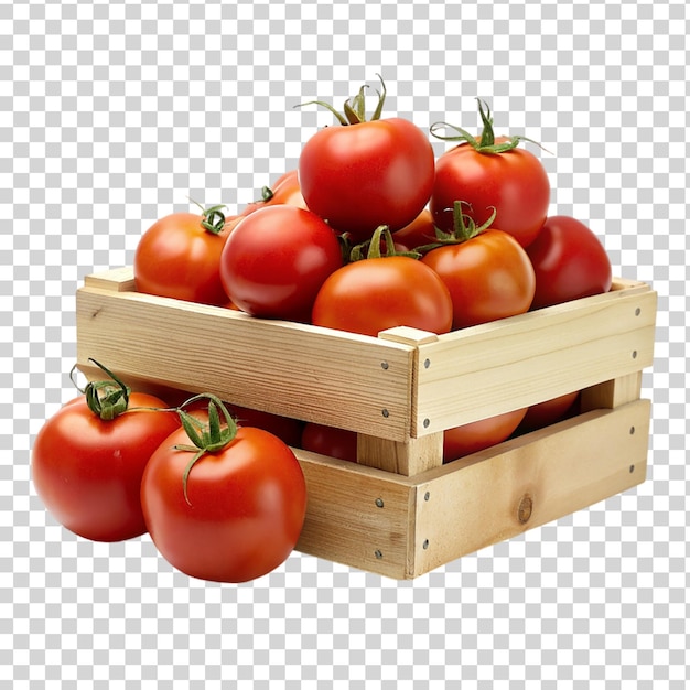 Tomaten op een houten kist op een doorzichtige achtergrond