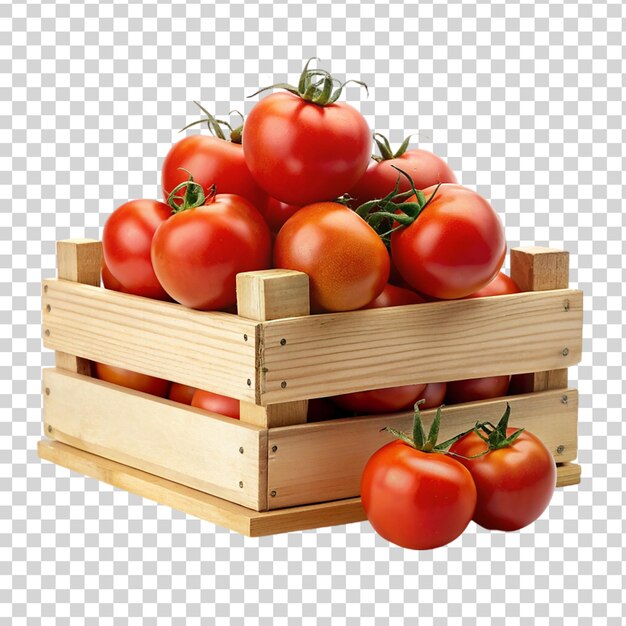 Tomaten op een houten kist op een doorzichtige achtergrond