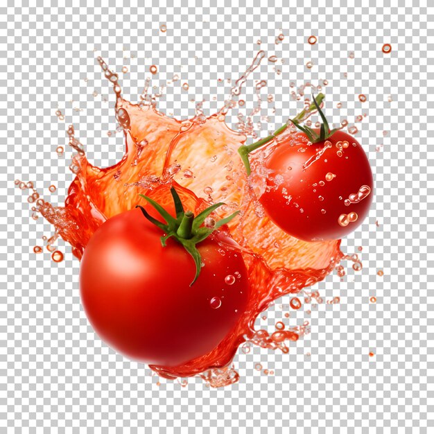 Tomaten verspreid in water geïsoleerd op een doorzichtige achtergrond.
