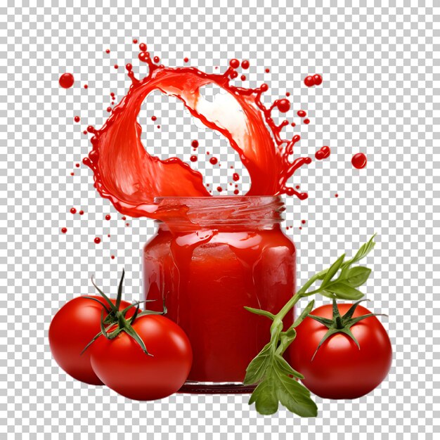 PSD tomatensap in een glazen pot met geïsoleerde tomaten op een doorzichtige achtergrond