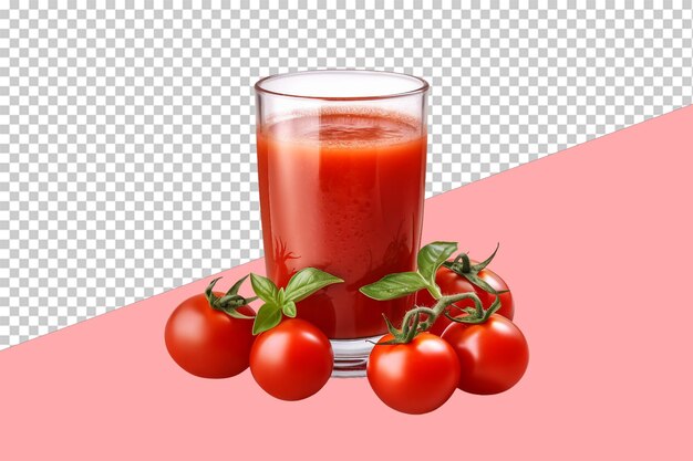 PSD tomatensap in een rustiek glas met een wijnstok van vers geïsoleerd object op doorzichtige achtergrond