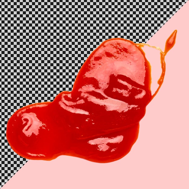 토마토 케 소스 스프레이 또는 은 액체 토마토 주스 터는 색 배경으로 현실적으로 분리됩니다.