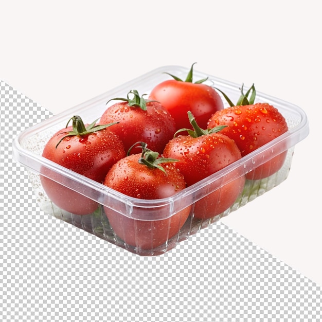 PSD tomato in plastic tray on transparent background