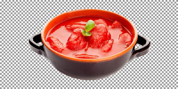 PSD tomato sauce in a bowl with a green leaf isolated on transparent background