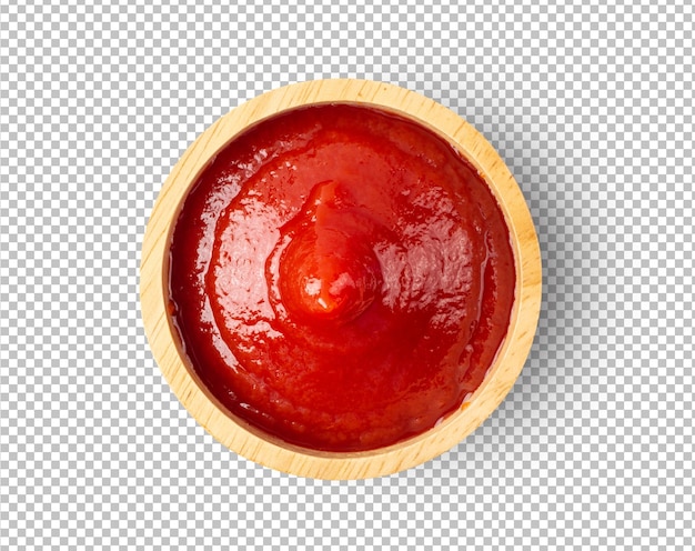 Tomato sauce in wood bowl isolated on alpha layer