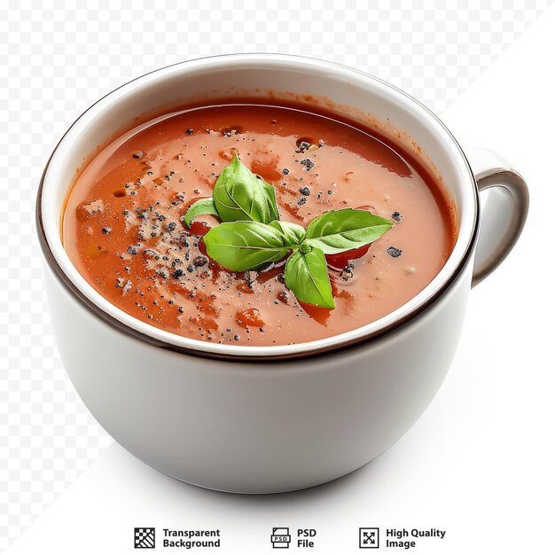 Tomato soup in ceramic bowl on white