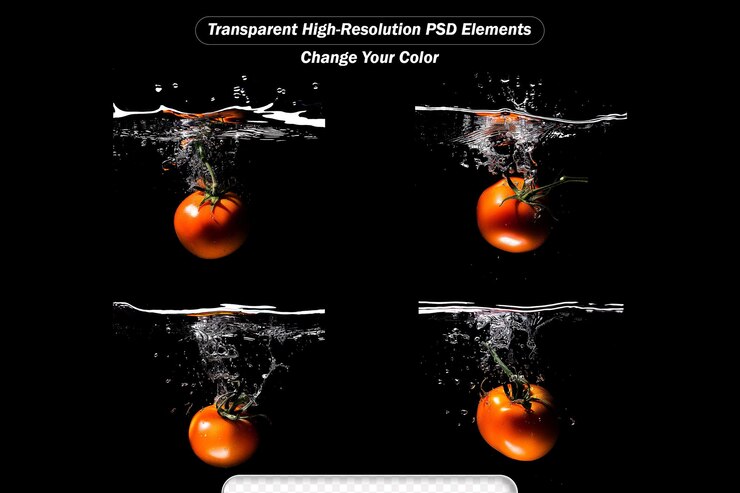 PSD tomato thrown into water on black background