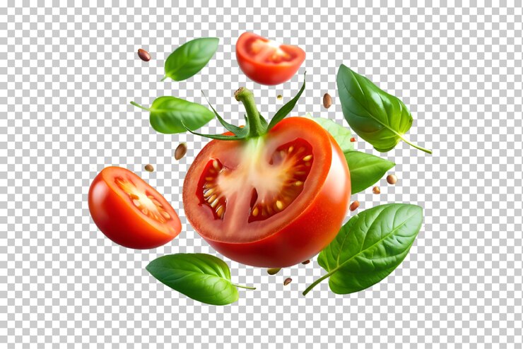 Tomatoes and leaves flaying isolated on transparent background