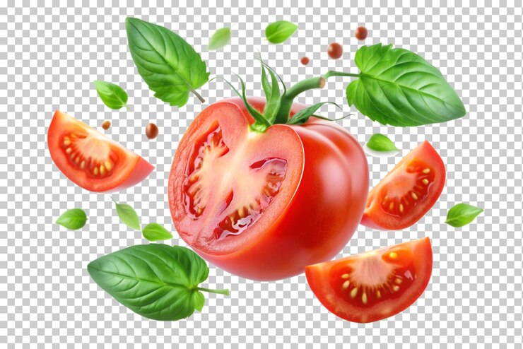 Tomatoes and leaves flaying isolated on transparent background