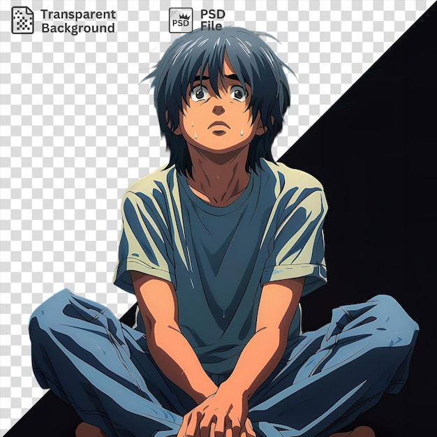 PSD tomoya okazaki di clannad of the end anime con i suoi sorprendenti occhi blu e capelli neri indossa una camicia bianca e blu e tiene una mano al viso