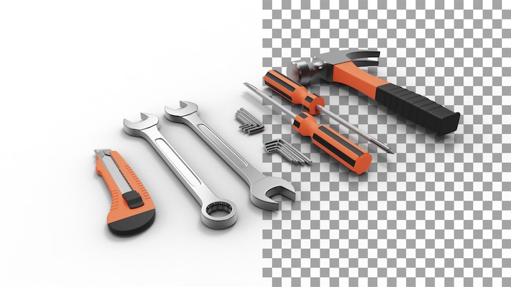 PSD tool kit set angle view with shadow 3d render
