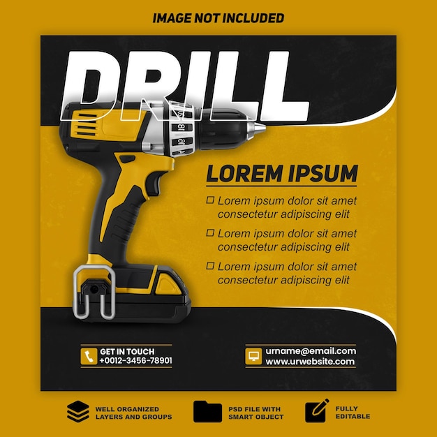 PSD tools shop drill machine social media post banner template