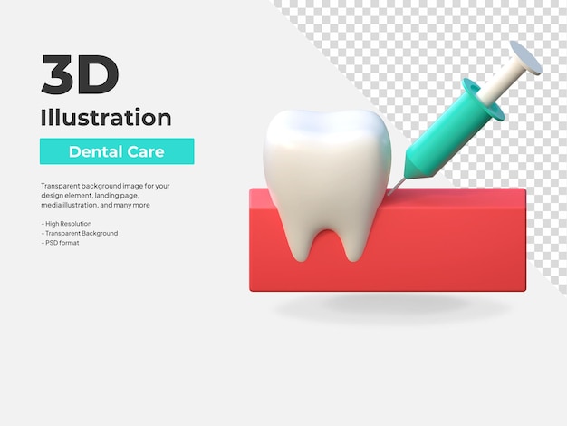 Illustrazione 3d dell'icona di cura dentale dell'iniezione di anestesia del dente