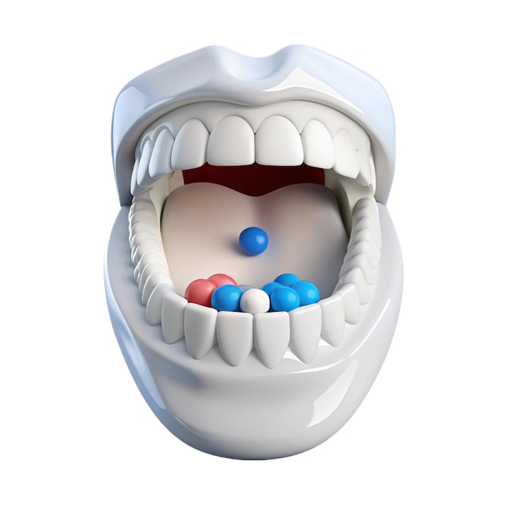 PSD a tooth with blue and red pills around it