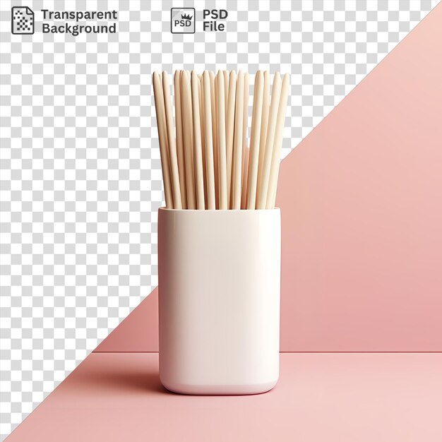 Toothpick dispenser on a pink wall next to a white cup