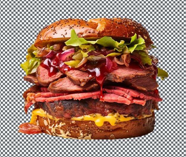 PSD toothsome pastrami burger takes center stage isolated on transparent background