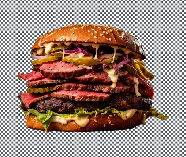 PSD toothsome pastrami burger takes center stage isolated on transparent background