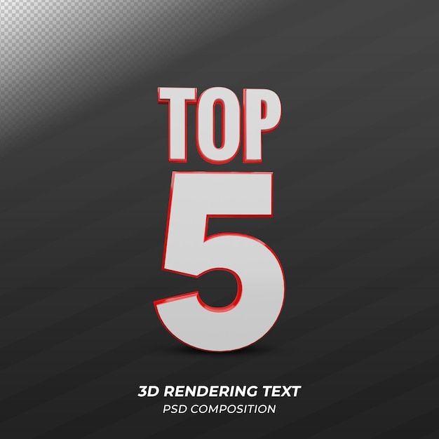 PSD top 5 3d render tekst met rode en witte kleur