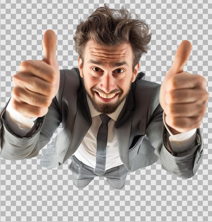 PSD top angle businessman giving thumbs up isolated on transparent background
