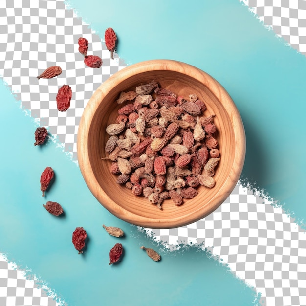 PSD top down view of dried rose hip berries in a wooden bowl isolated on a transparent background