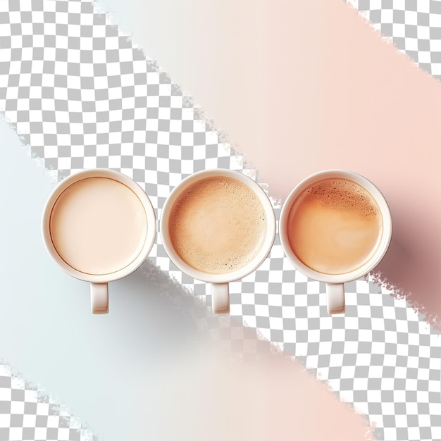 PSD Сверху вниз вид трех кофейных чашек с минималистским градиентным эффектом, достигнутым путем изменения количества молока на прозрачном фоне