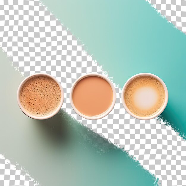 Top down view of three coffee cups with a minimalist gradient effect achieved by varying milk amounts transparent background