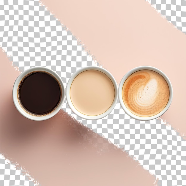 Vista dall'alto verso il basso di tre tazze di caffè con un effetto gradiente minimalista ottenuto variando le quantità di latte sfondo trasparente