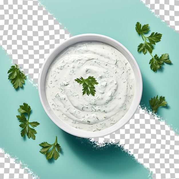 Top down view of tzatziki sauce in a black bowl