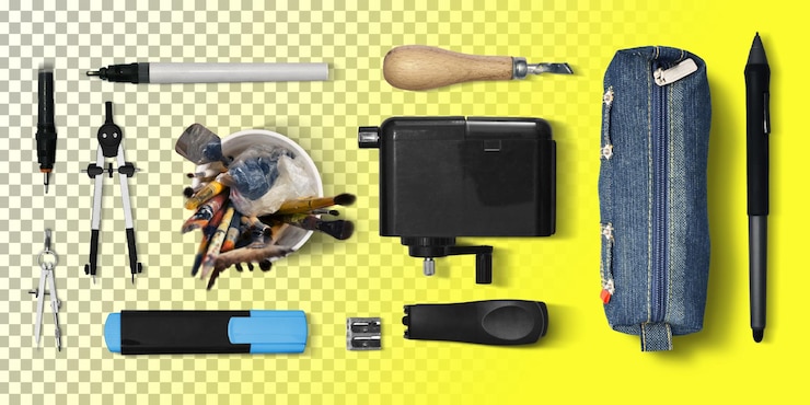 PSD top up view of stationery set over yellow background