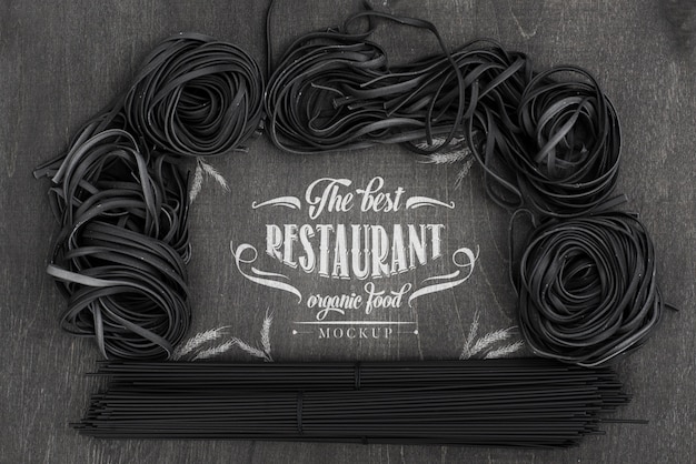 PSD top view arrangement of dark spaghetti mock-up