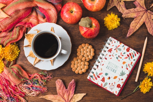 Top view arrangement with coffee and notebook