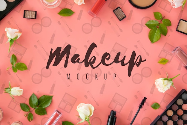 Top view arrangement with make-up products