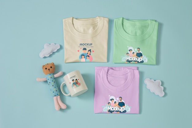 PSD top view over baby fashion mockup clothing