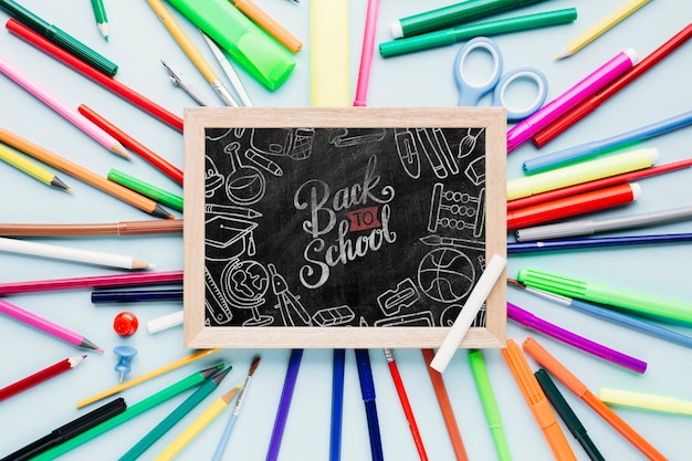 Top view back to school concept with chalkboard