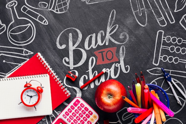 Top view back to school concept with chalkboard