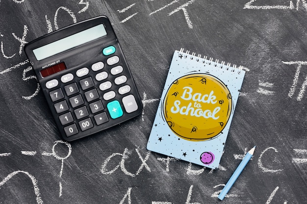 top view back to school concept with chalkboard