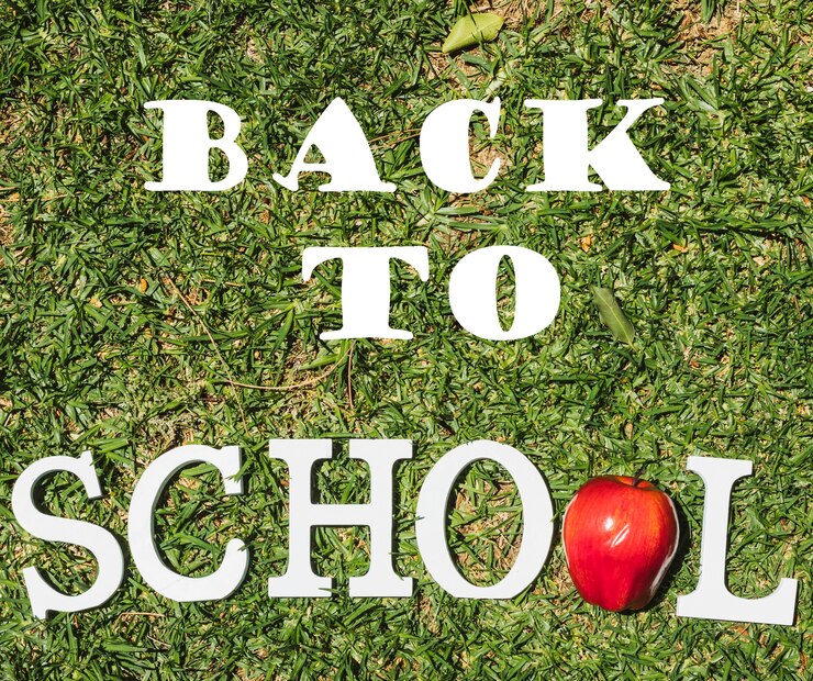 PSD top view back to school message on grass
