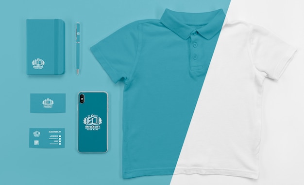 PSD top view of back to school smartphone with t-shirt