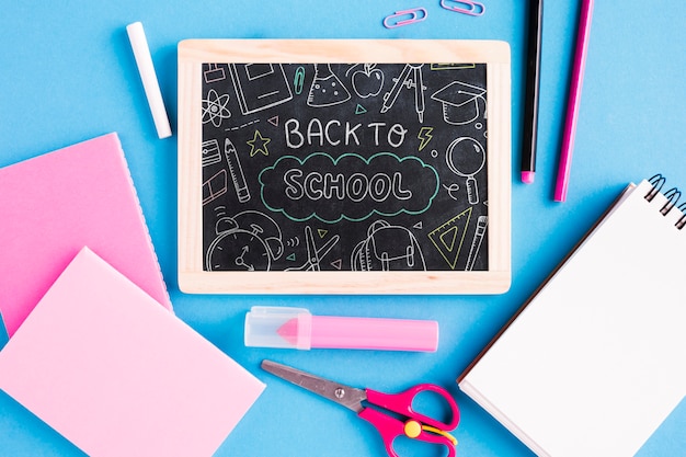 Top view back to school with chalkboard