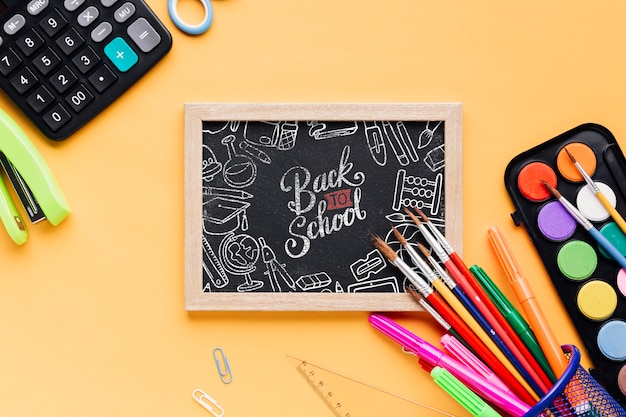 Top view back to school with mock-up chalkboard