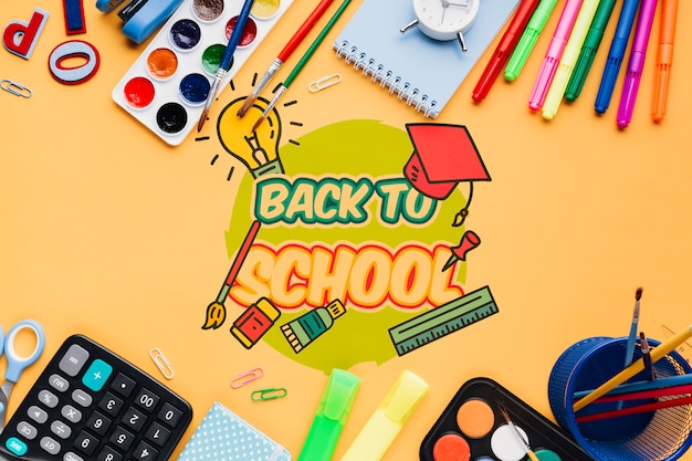top view back to school with orange background