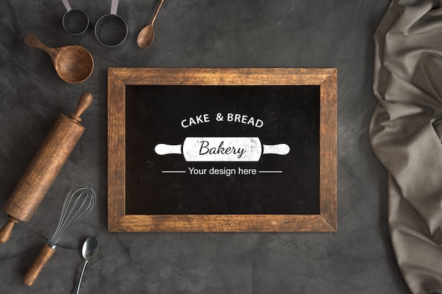 PSD top view bakery utensils with chalkboard mock-up