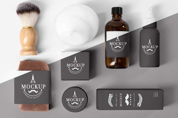 Top view of barbershop items with brush