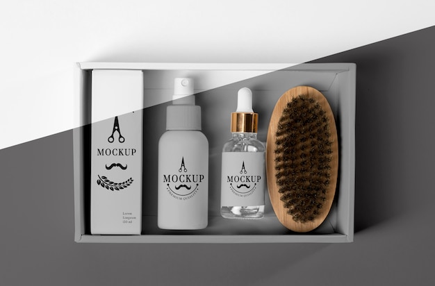 PSD top view of barbershop products box with serum