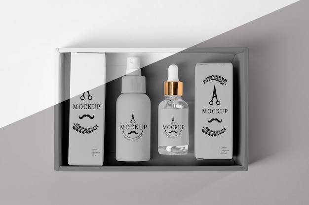 top view of barbershop products box with serums