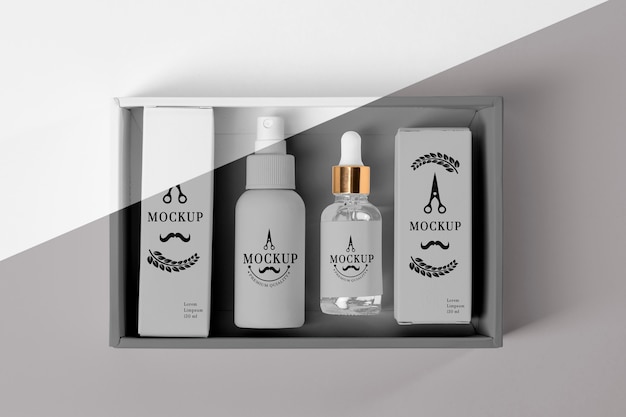 PSD top view of barbershop products box with serums